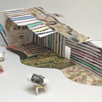 Mary King: Curious Home. House With Extra Things n.d. - paper, Polymer mediums, shells, chess piece, pizza holder, watercolor, and acrylic; 9 x 22 x 13 in.