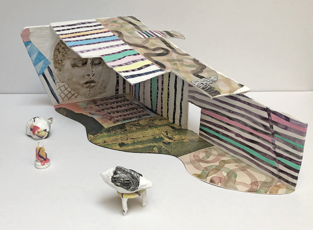 Mary King: Curious Home. House With Extra Things n.d. - paper, Polymer mediums, shells, chess piece, pizza holder, watercolor, and acrylic; 9 x 22 x 13 in.