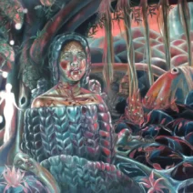 Crystal Marshall: Wool Banyan Tree Under The Crimson Sky (2021) oil on paper; 36.5 × 38 in.