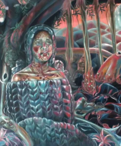 Crystal Marshall: Wool Banyan Tree Under The Crimson Sky (2021) oil on paper; 36.5 × 38 in.