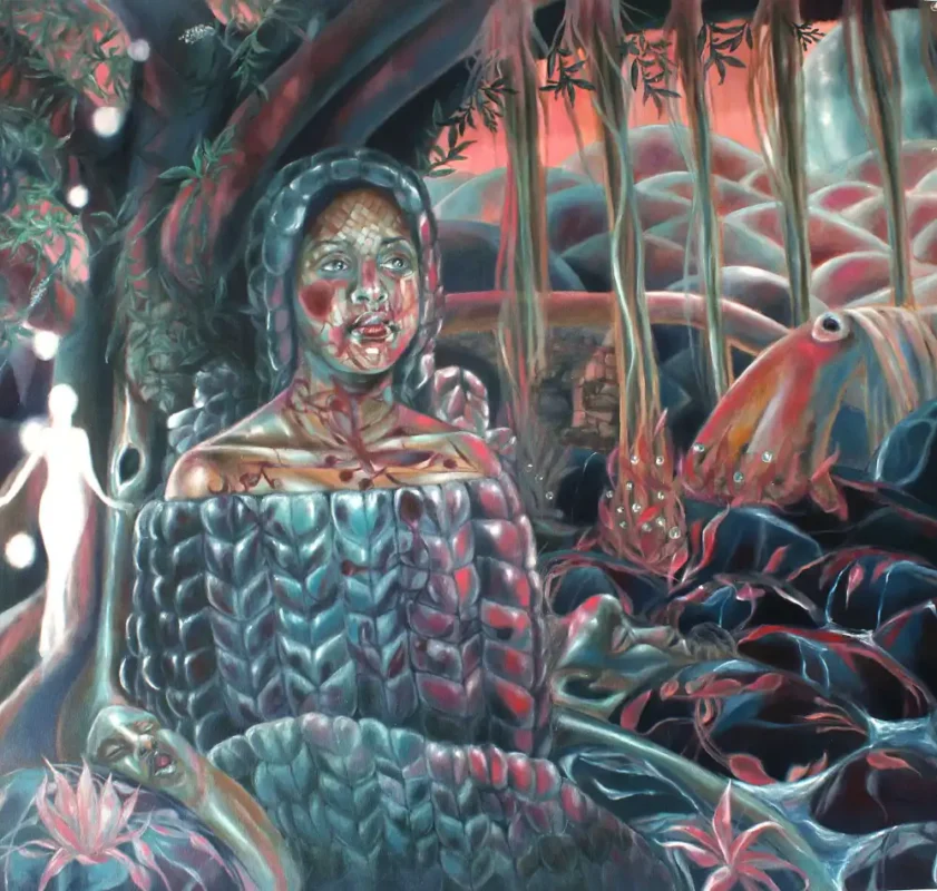 Crystal Marshall: Wool Banyan Tree Under The Crimson Sky (2021) oil on paper; 36.5 × 38 in.